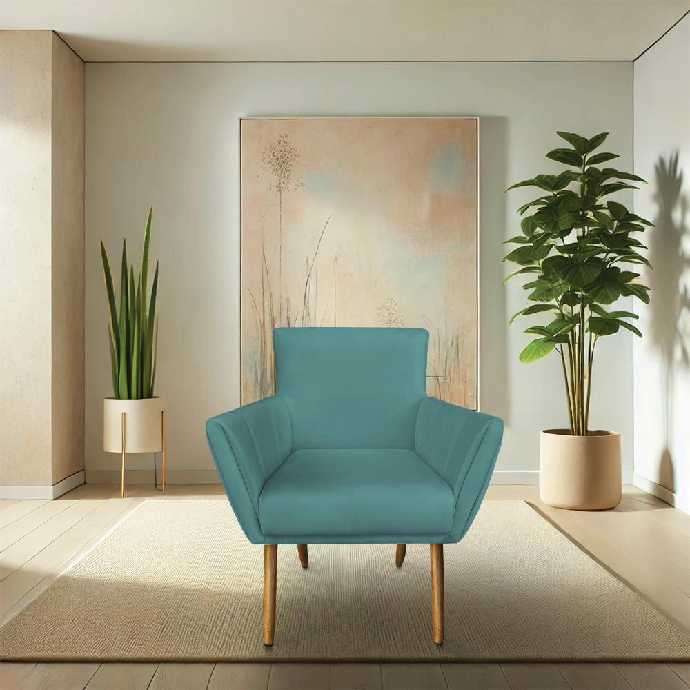 Kit 8 Poltronas Decorativa Leticia Suede Azul Turquesa Pés Palito Castanho - Pallazio