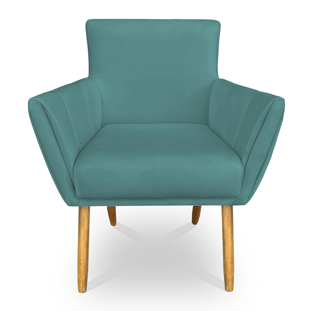 Kit 8 Poltronas Decorativa Leticia Suede Azul Turquesa Pés Palito Castanho - Pallazio