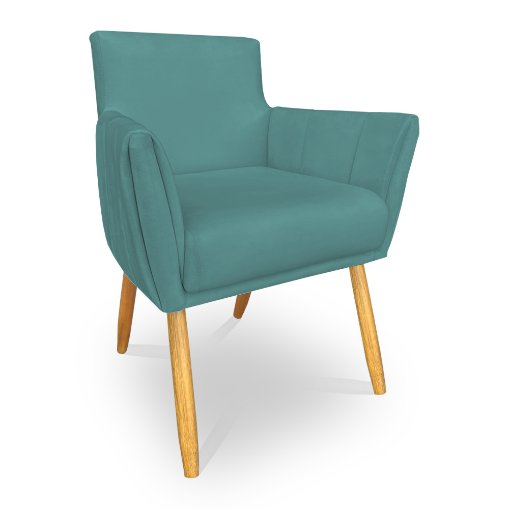 Kit 8 Poltronas Decorativa Leticia Suede Azul Turquesa Pés Palito Castanho - Pallazio