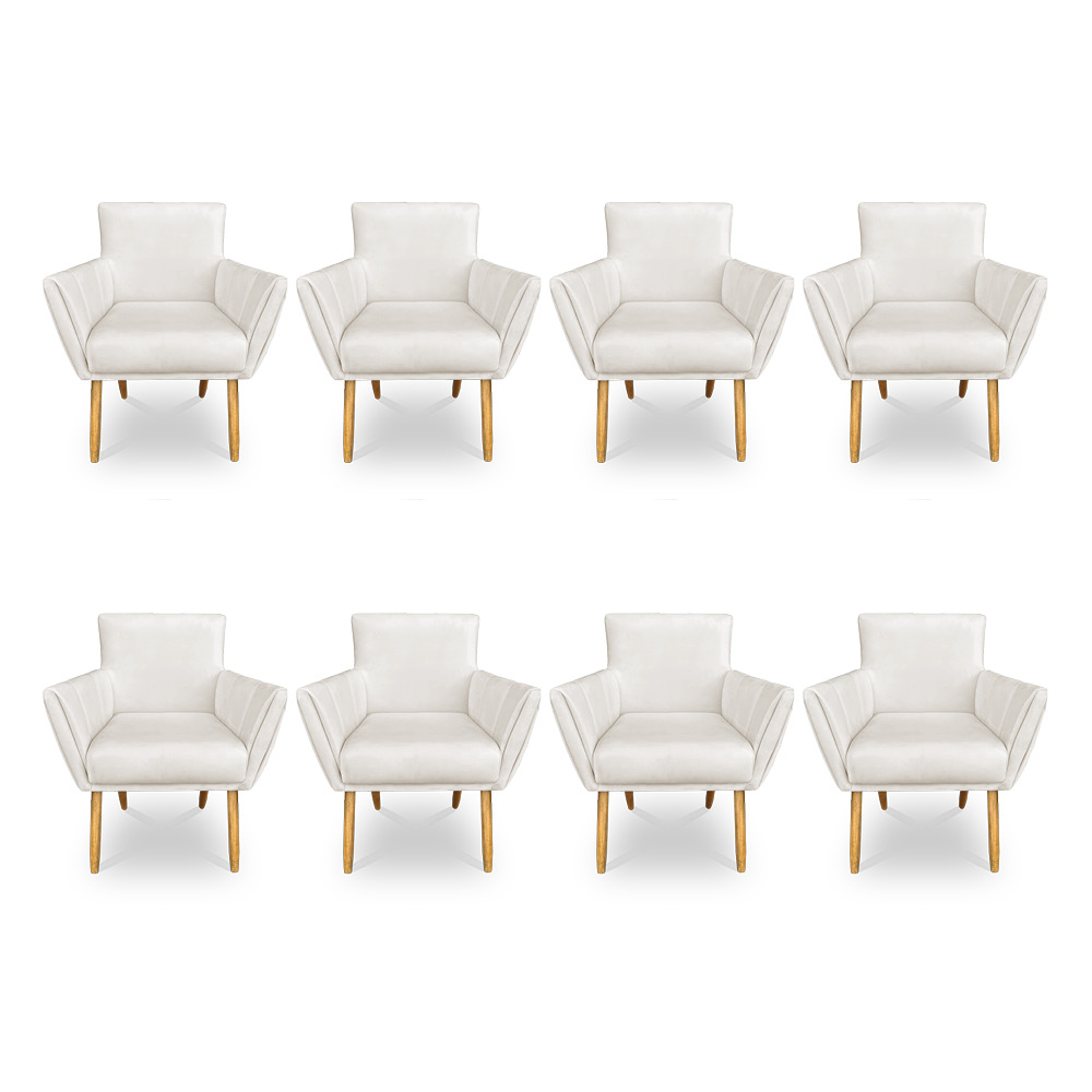Kit 8 Poltronas Decorativa Leticia Suede Bege Pés Palito Castanho - Pallazio