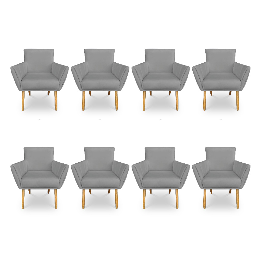 Kit 8 Poltronas Decorativa Leticia Suede Grafite Pés Palito Castanho - Pallazio