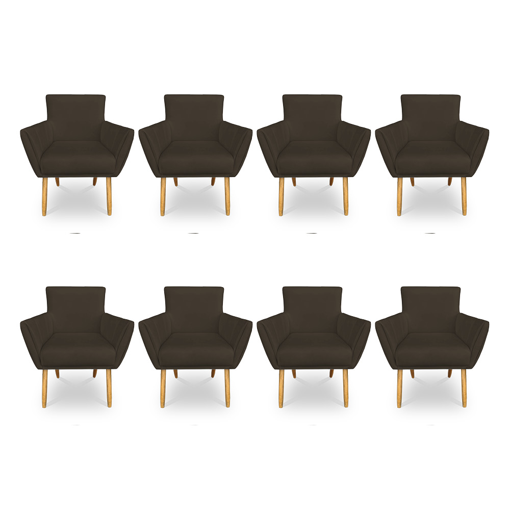 Kit 8 Poltronas Decorativa Leticia Suede Marrom Pés Palito Castanho - Pallazio