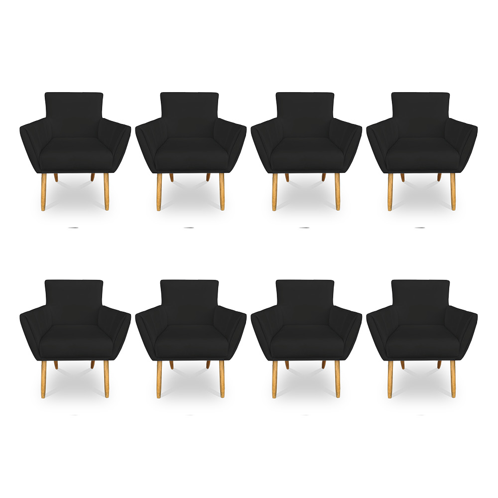Kit 8 Poltronas Decorativa Leticia Suede Preto Pés Palito Castanho - Pallazio