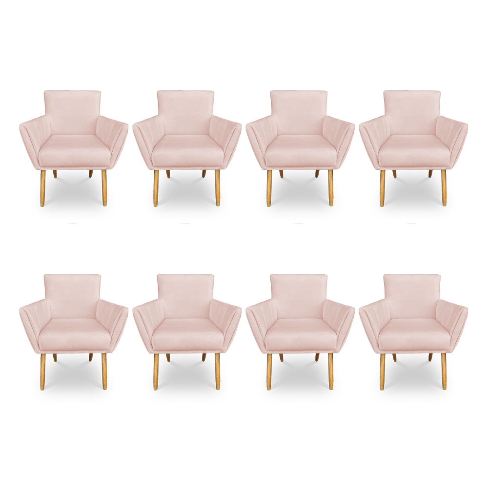 Kit 8 Poltronas Decorativa Leticia Suede Rosa Bebê Pés Palito Castanho - Pallazio