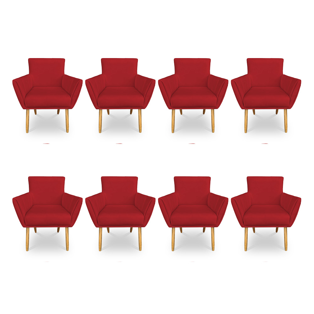Kit 8 Poltronas Decorativa Leticia Suede Vermelho Pés Palito Castanho - Pallazio
