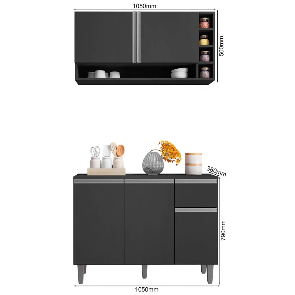 Kit Balcão de Cozinha e Armário Aéreo Elis Cinza - Pallazio
