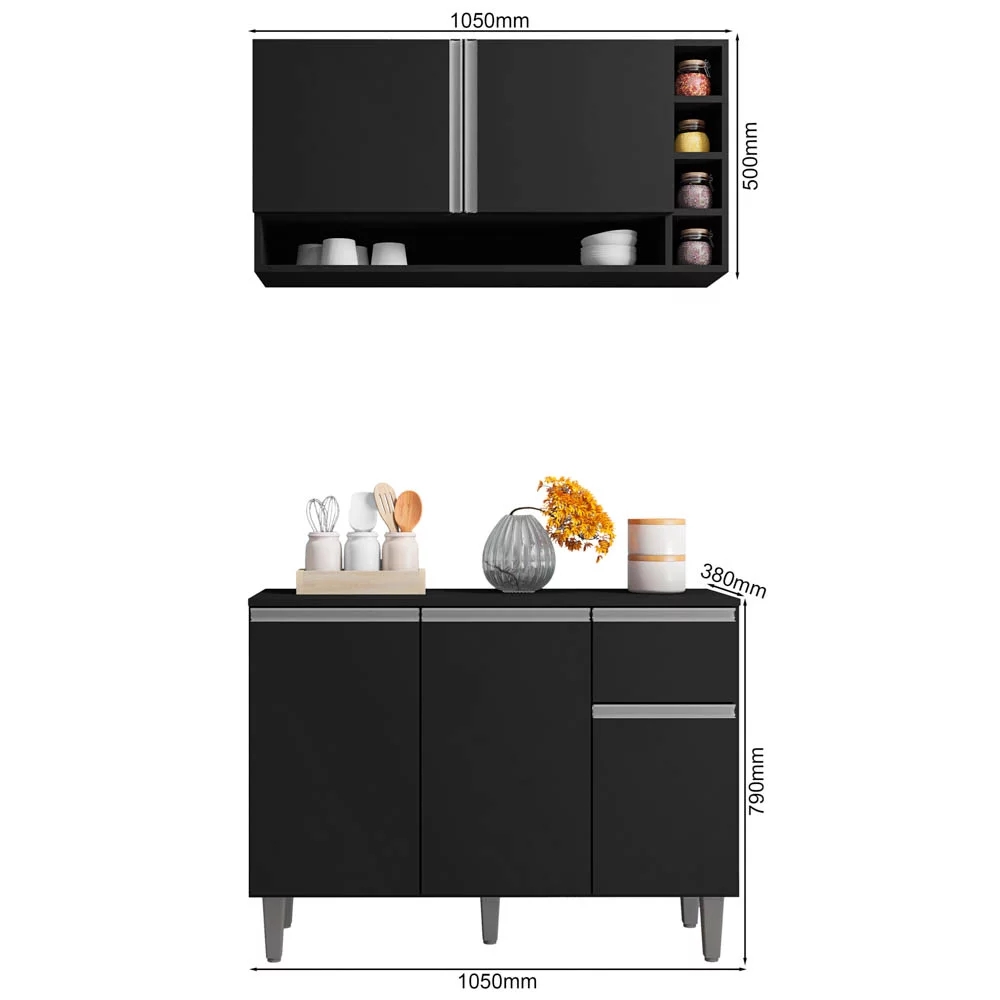 Kit Balcão de Cozinha e Armário Aéreo Elis Preto - Pallazio