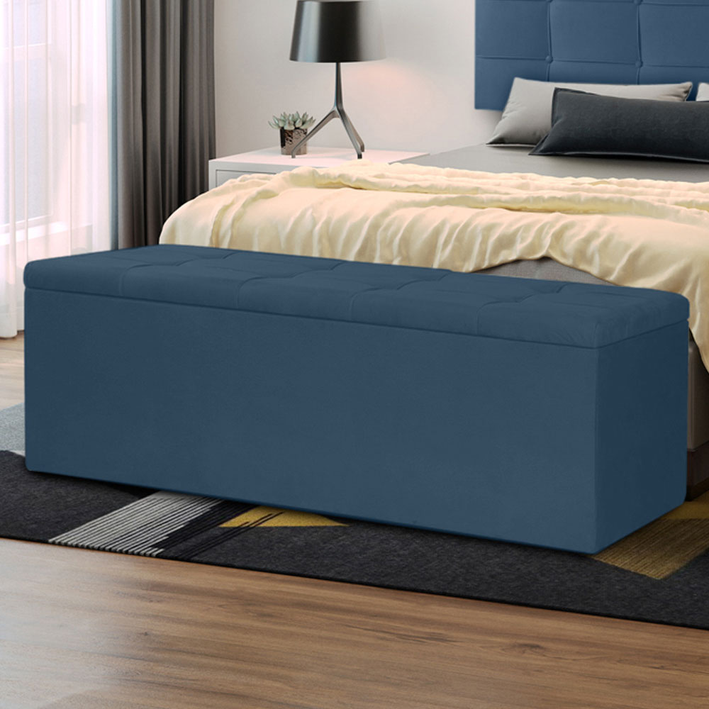 Kit Cabeceira e Calçadeira Baú Casal 1,40m Berlim Suede Azul Marinho - Pallazio