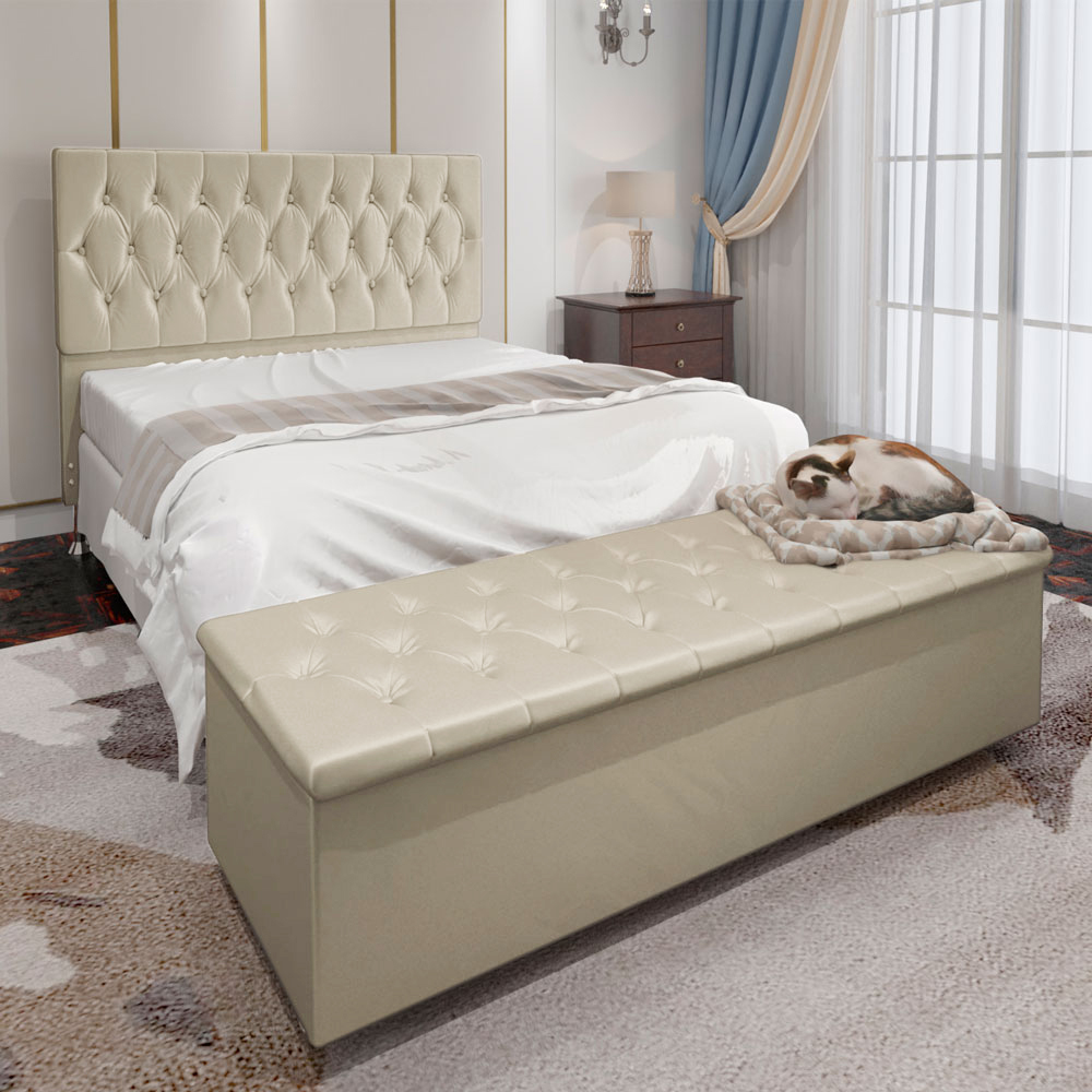 Kit Cabeceira e Calçadeira Baú Casal 1,40m Madrid Suede Bege - Pallazio