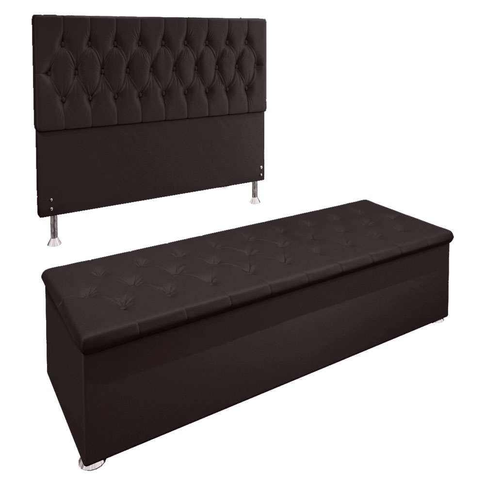 Kit Cabeceira e Calçadeira Baú Casal 1,40m Madrid Suede Marrom - Pallazio