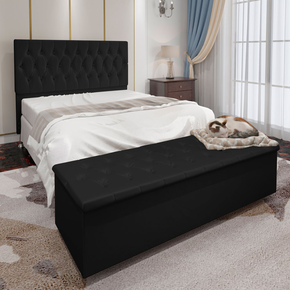 Kit Cabeceira e Calçadeira Baú Casal 1,40m Madrid Suede Preto - Pallazio