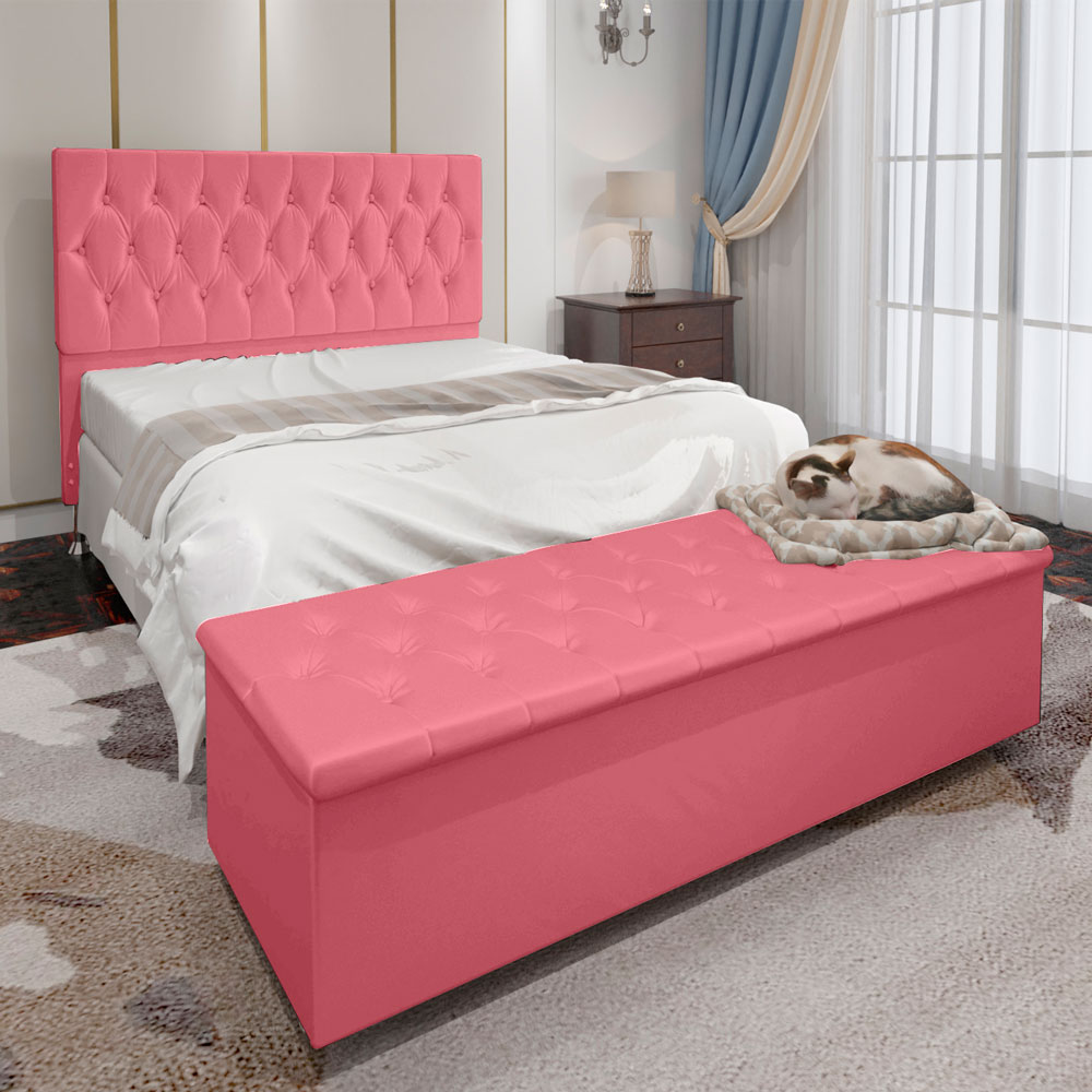 Kit Cabeceira e Calçadeira Baú Casal 1,40m Madrid Suede Rosa - Pallazio