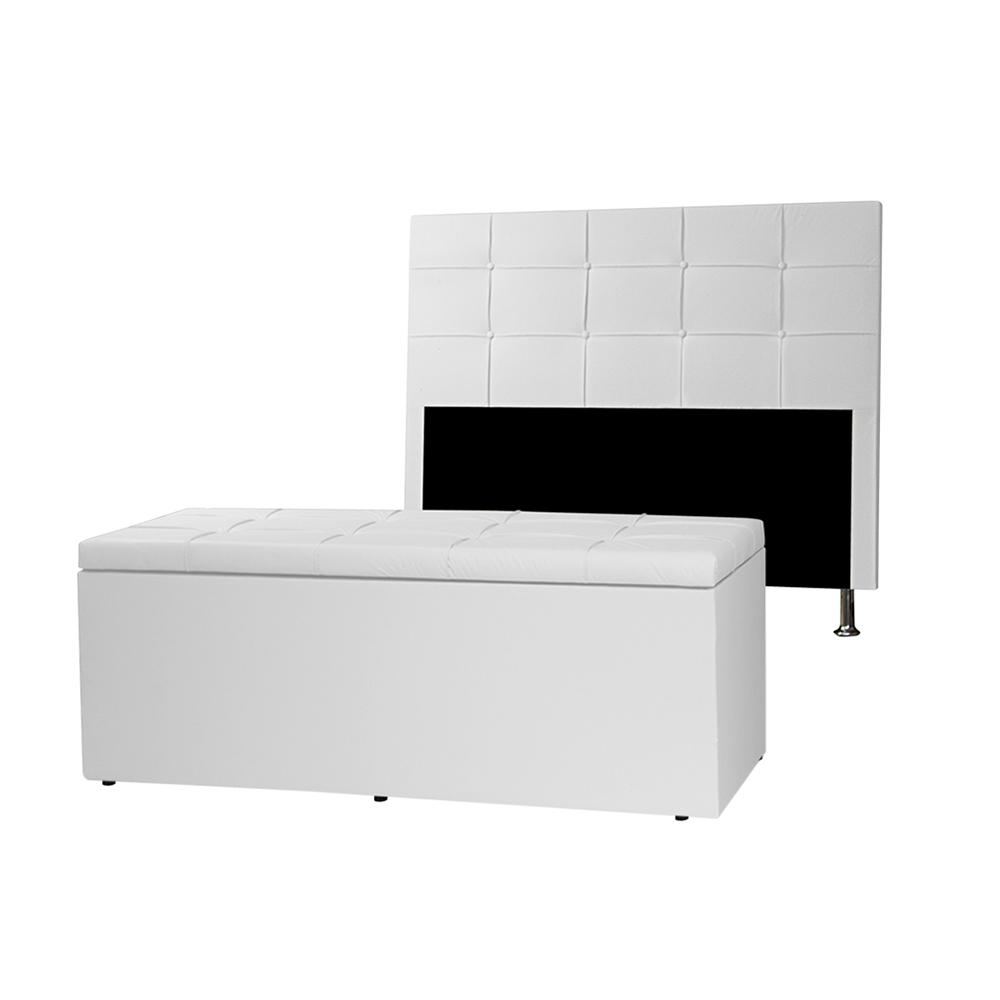 Kit Cabeceira e Calçadeira Baú Casal 1,40m Roma Corano Branco - Pallazio