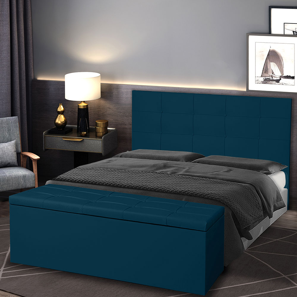 Kit Cabeceira e Calçadeira Baú Casal 1,40m Roma Suede Azul Marinho - Pallazio