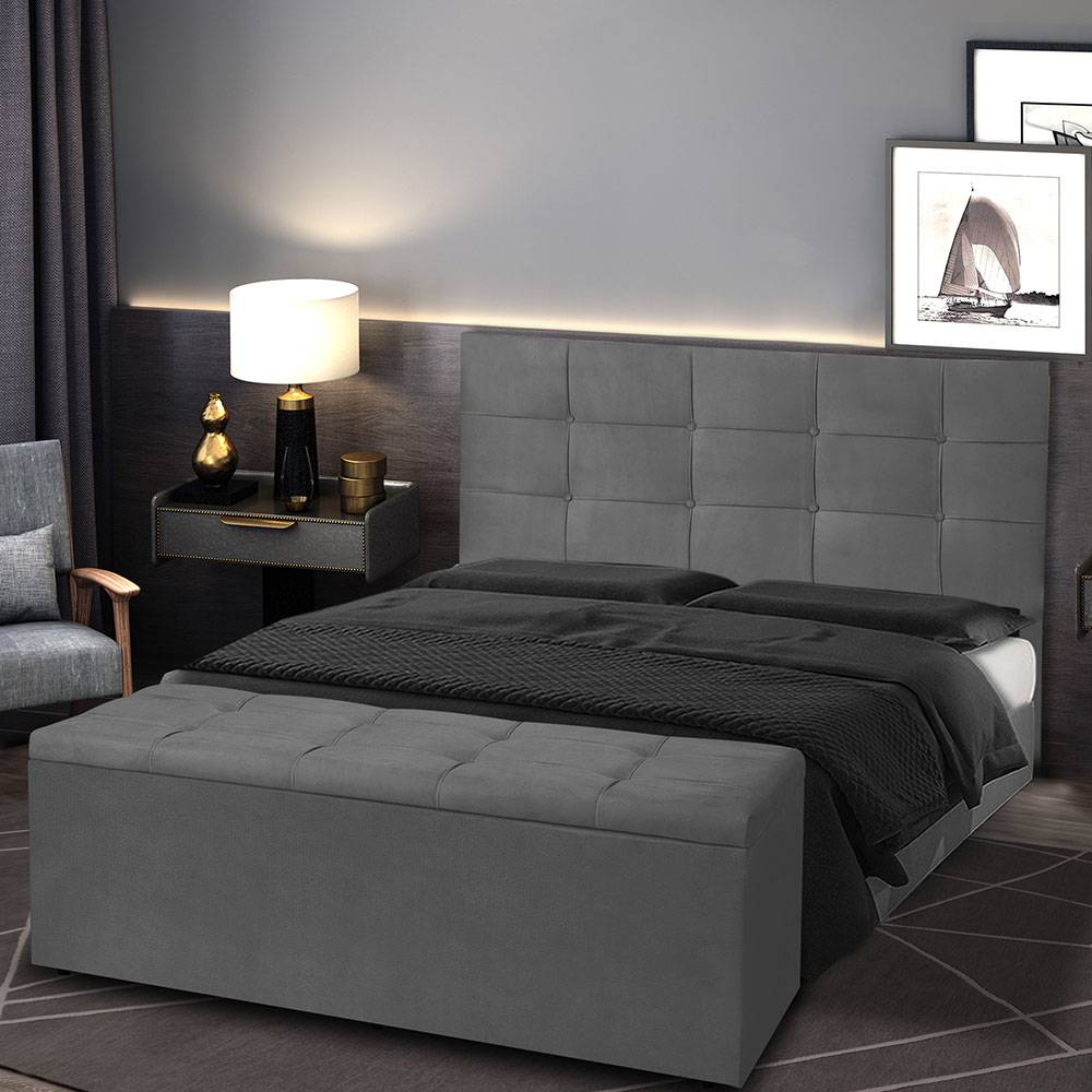 Kit Cabeceira e Calçadeira Baú Casal 1,40m Roma Suede Cinza - Pallazio