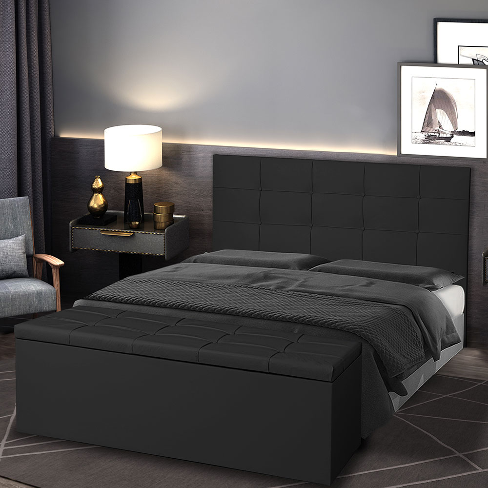 Kit Cabeceira e Calçadeira Baú Casal 1,40m Roma Suede Preto - Pallazio