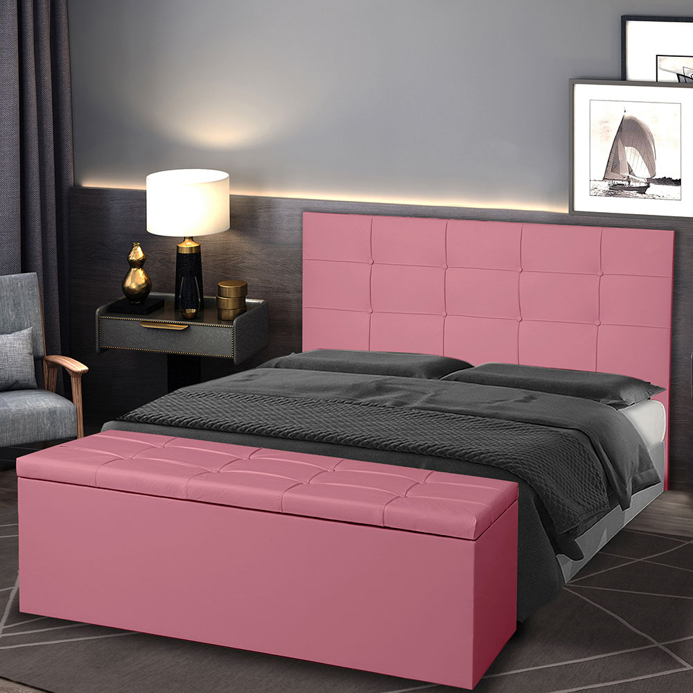 Kit Cabeceira e Calçadeira Baú Casal 1,40m Roma Suede Rosa - Pallazio