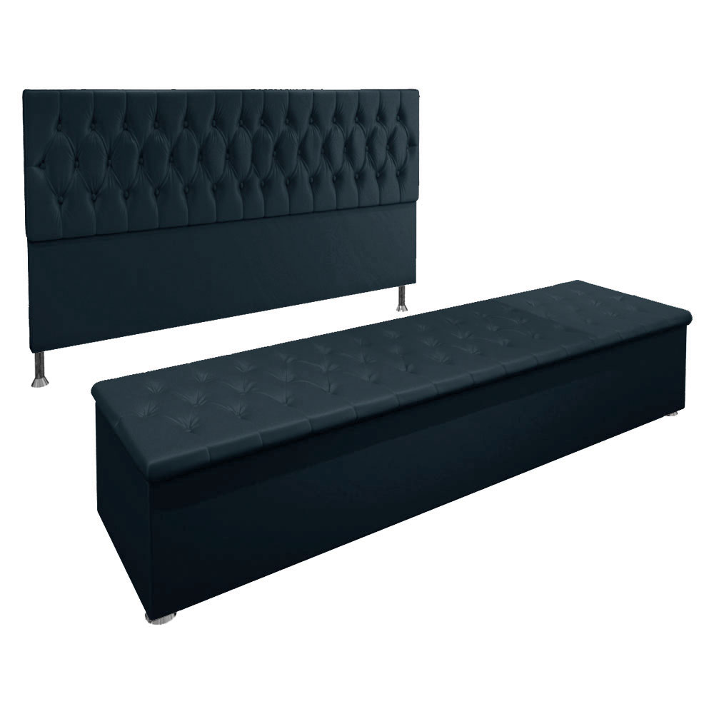 Kit Cabeceira e Calçadeira Baú King 1,95m Madrid Suede Azul Marinho - Pallazio