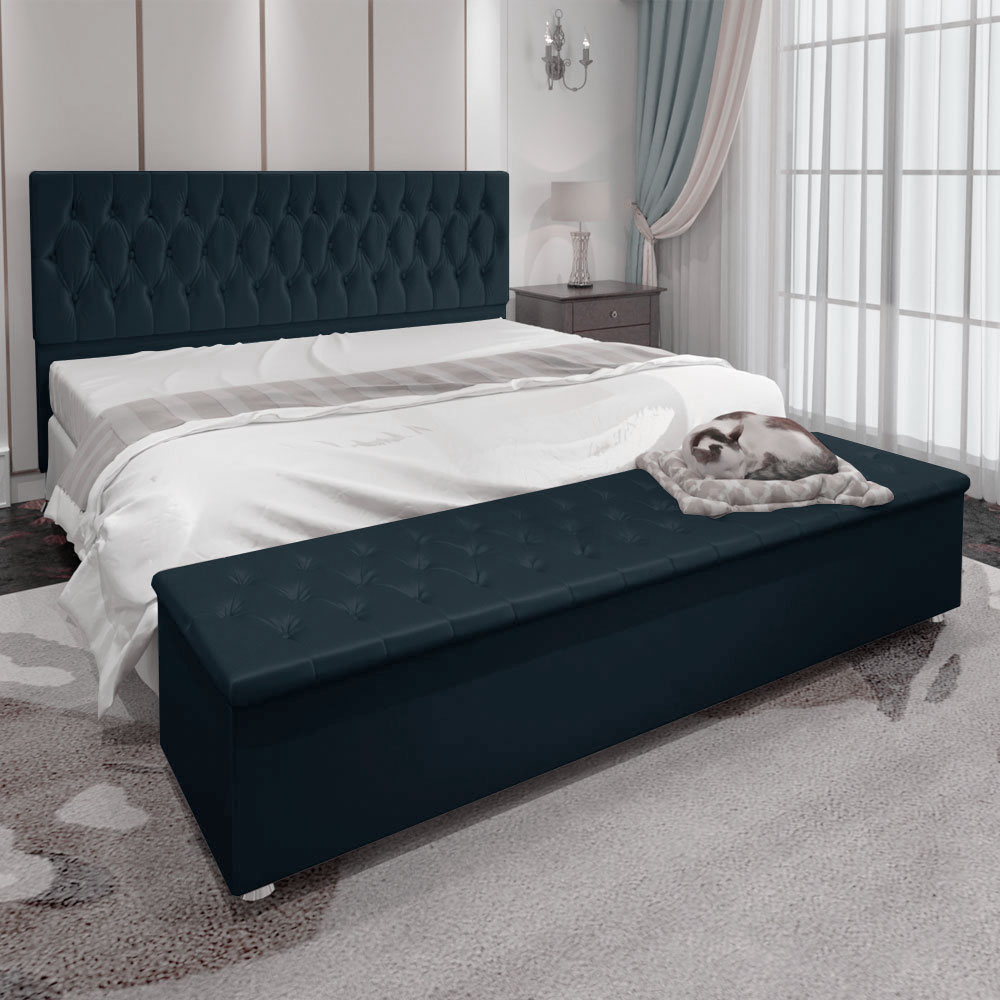 Kit Cabeceira e Calçadeira Baú King 1,95m Madrid Suede Azul Marinho - Pallazio