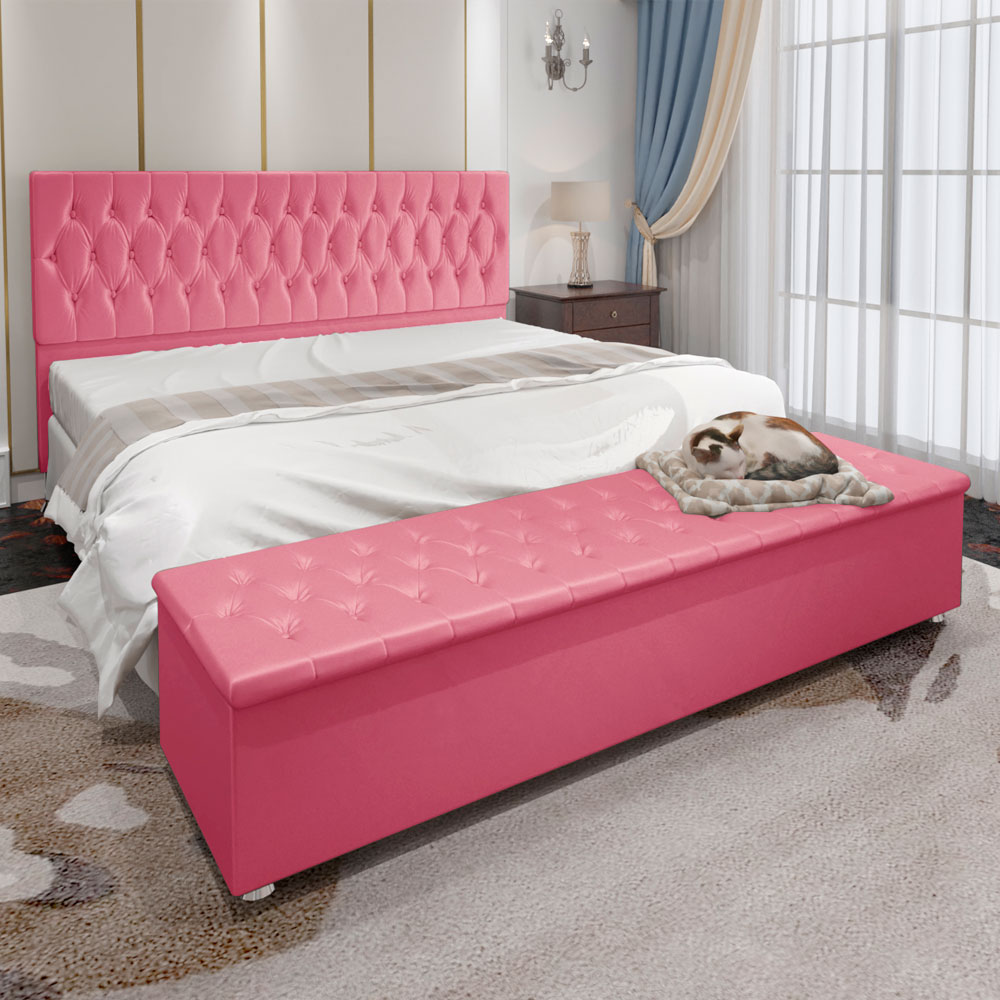 Kit Cabeceira e Calçadeira Baú King 1,95m Madrid Suede Rosa - Pallazio