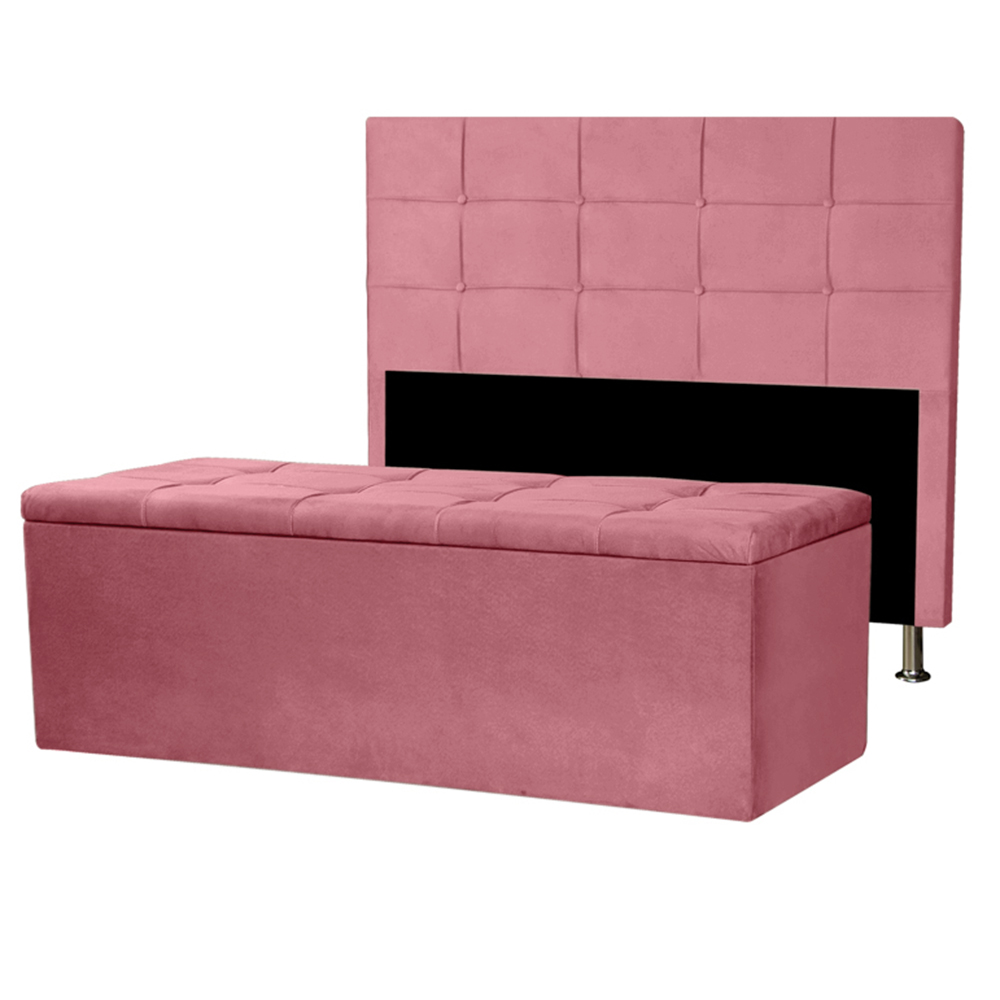 Kit Cabeceira e Calçadeira Baú King 1,95m Roma Suede Rosa - Pallazio