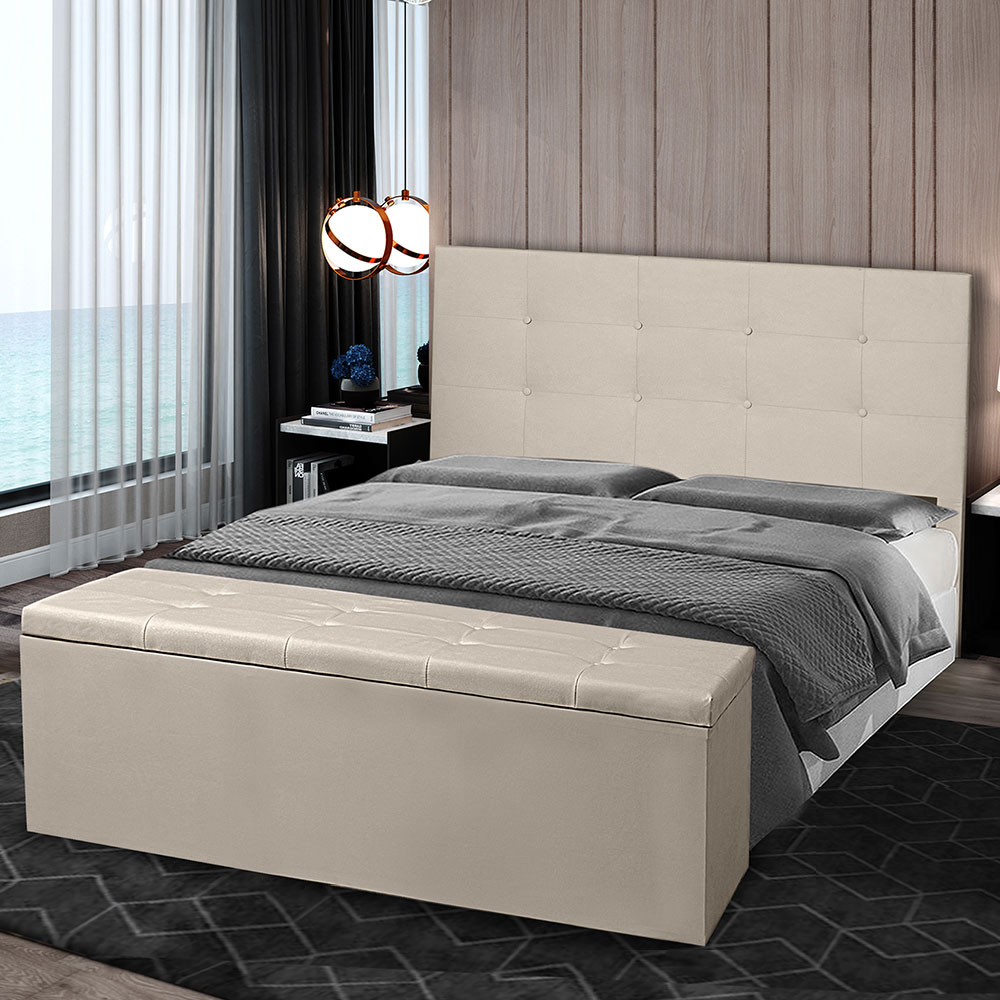 Kit Cabeceira e Calçadeira Baú Queen 1,60m Berlim Suede Bege - Pallazio