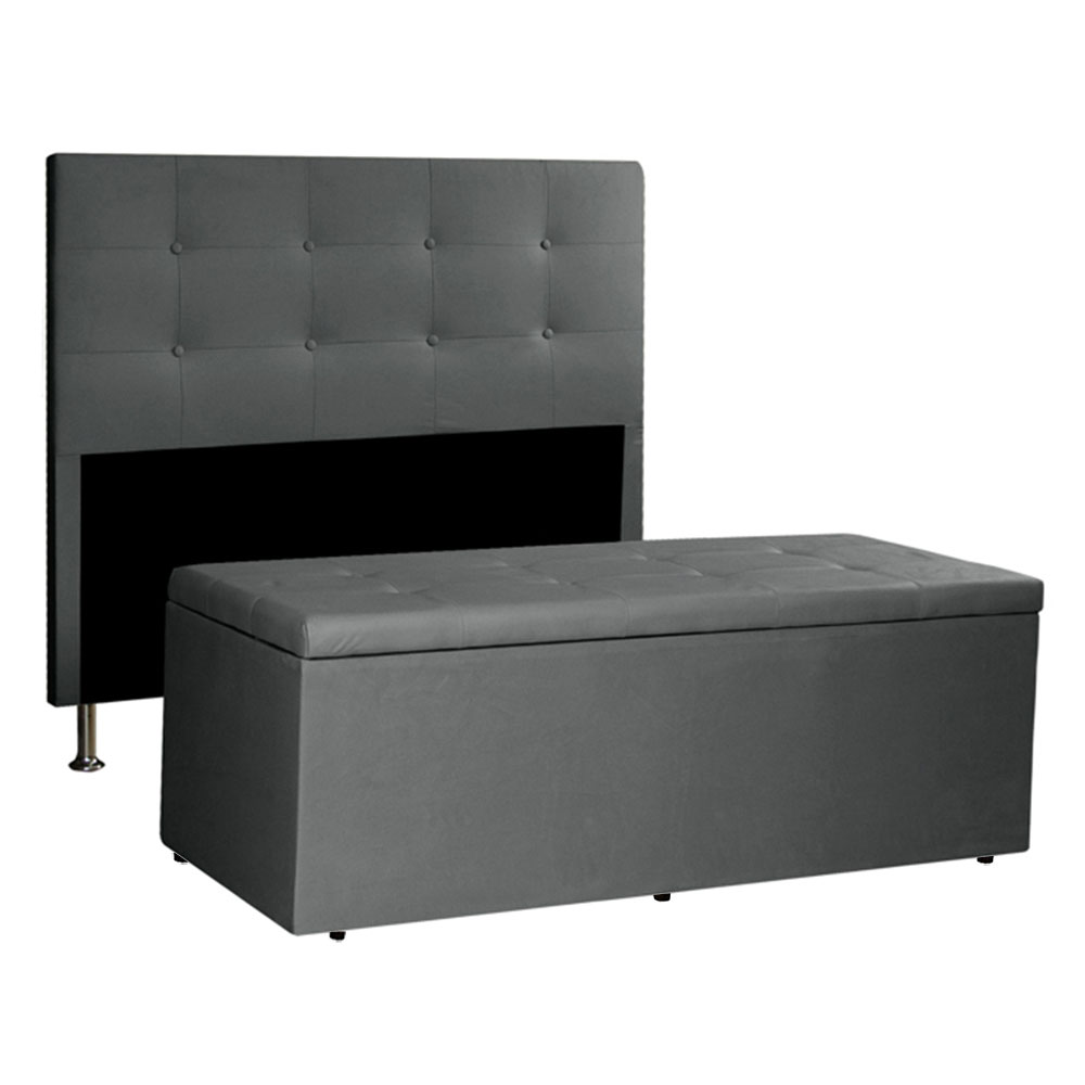 Kit Cabeceira e Calçadeira Baú Queen 1,60m Berlim Suede Cinza - Pallazio