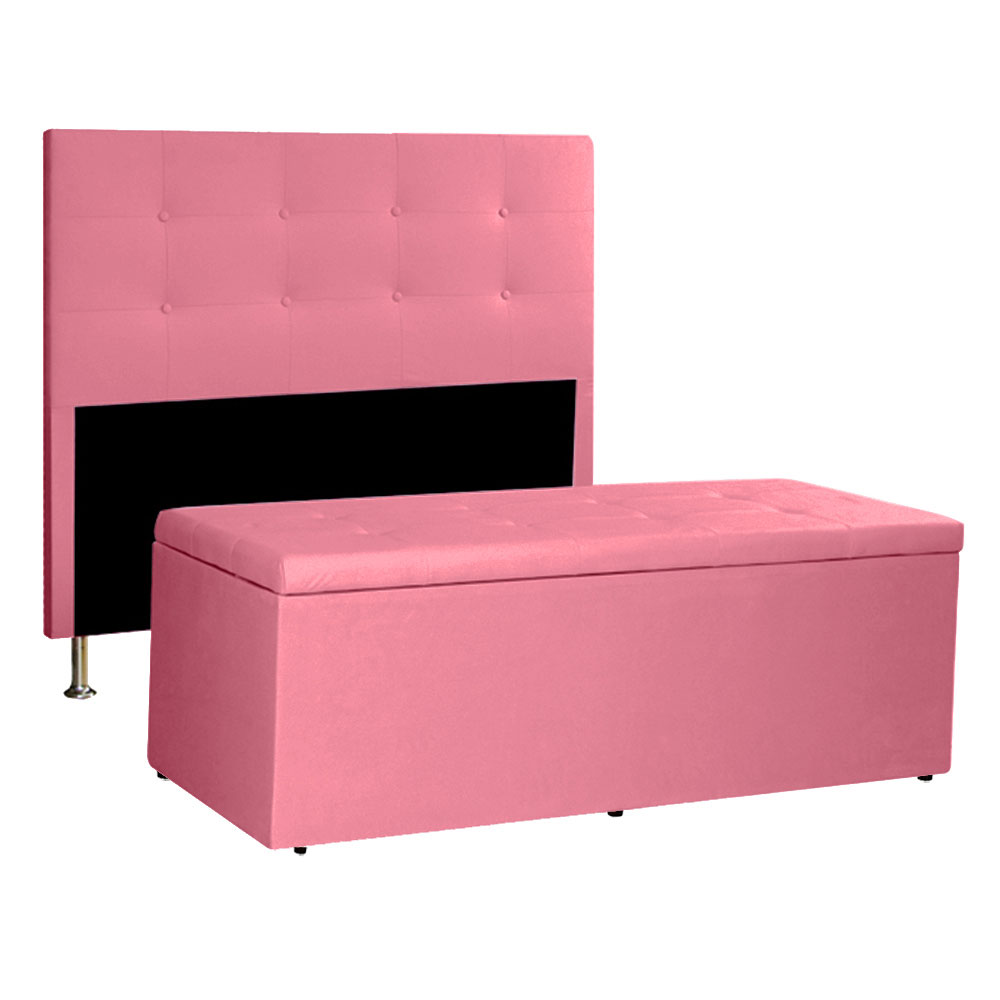 Kit Cabeceira e Calçadeira Baú Queen 1,60m Berlim Suede Rosa - Pallazio