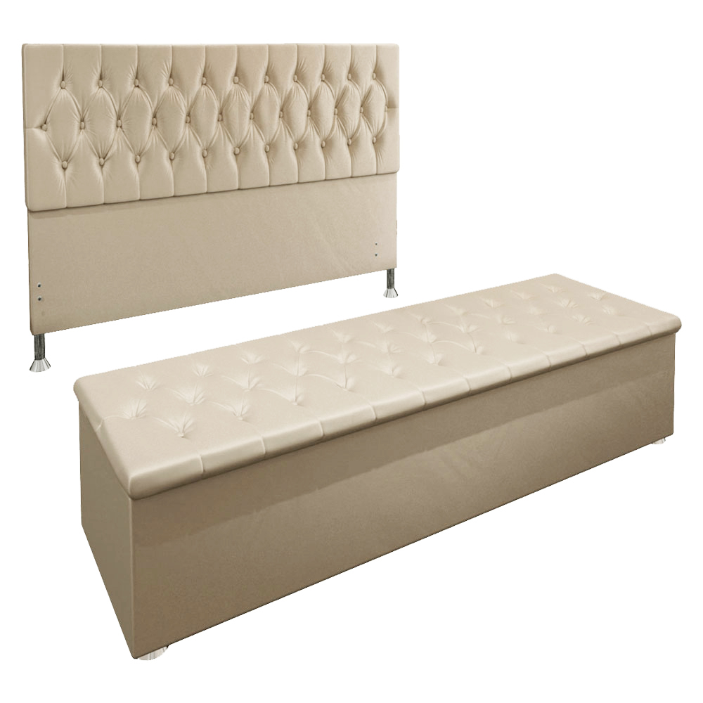 Kit Cabeceira e Calçadeira Baú Queen 1,60m Madrid Suede Bege - Pallazio