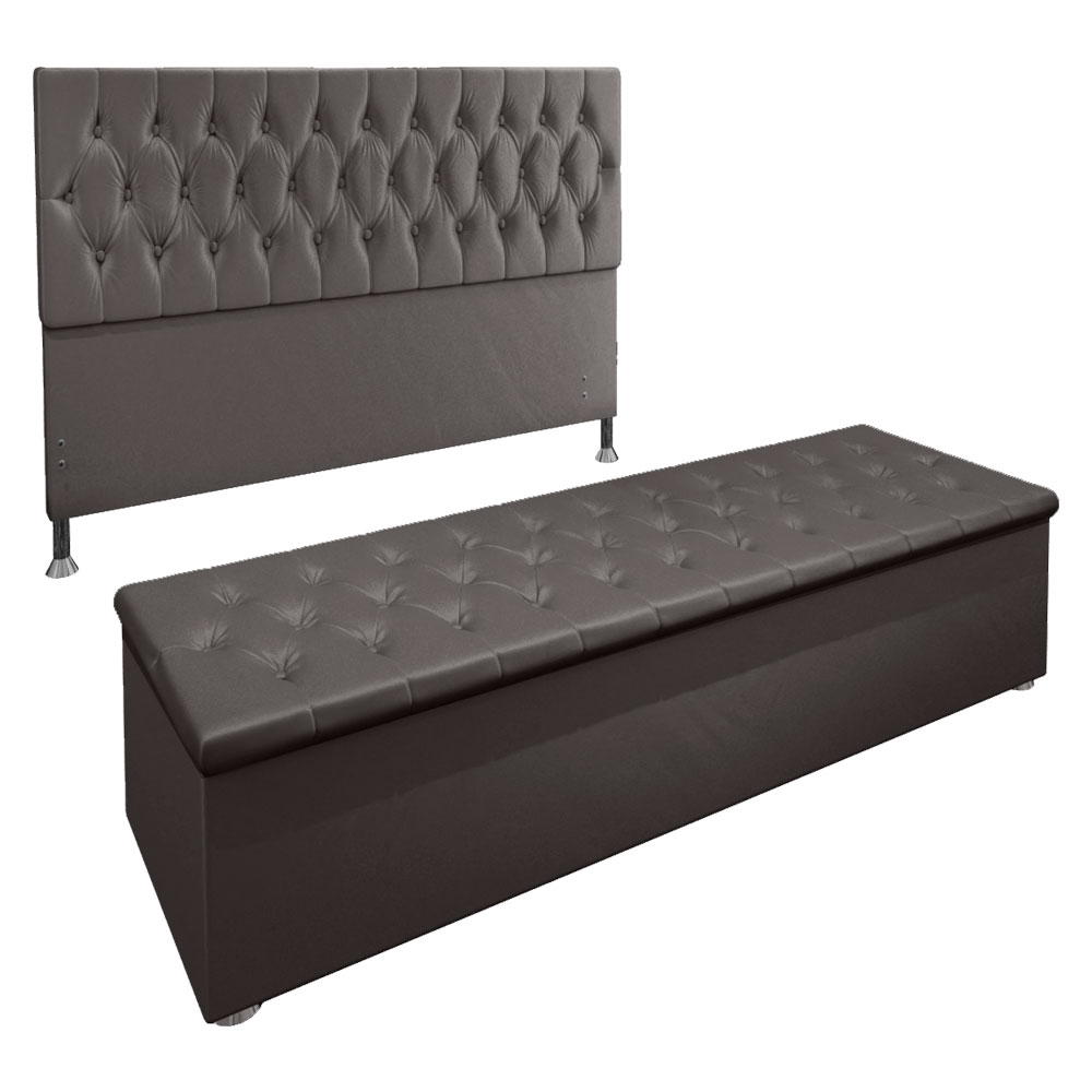 Kit Cabeceira e Calçadeira Baú Queen 1,60m Madrid Suede Cinza - Pallazio
