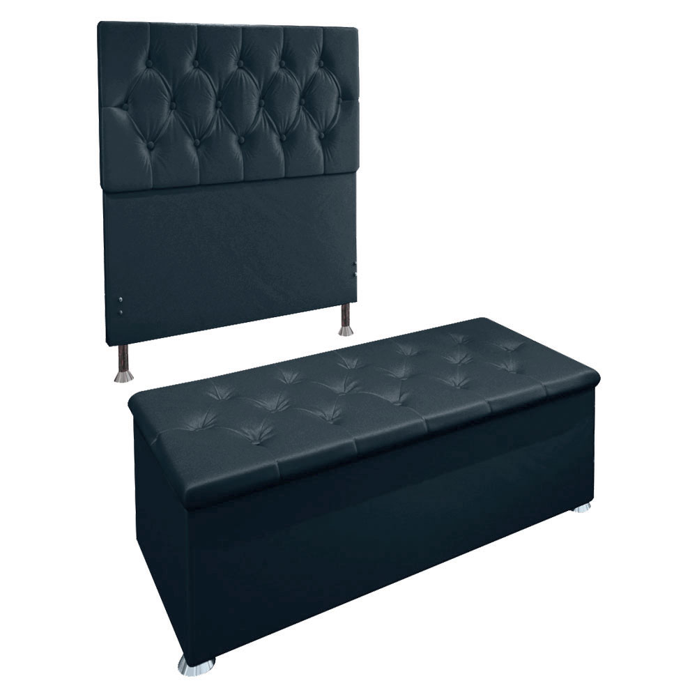 Kit Cabeceira e Calçadeira Baú Solteiro 0,90m Madrid Suede Azul Marinho - Pallazio