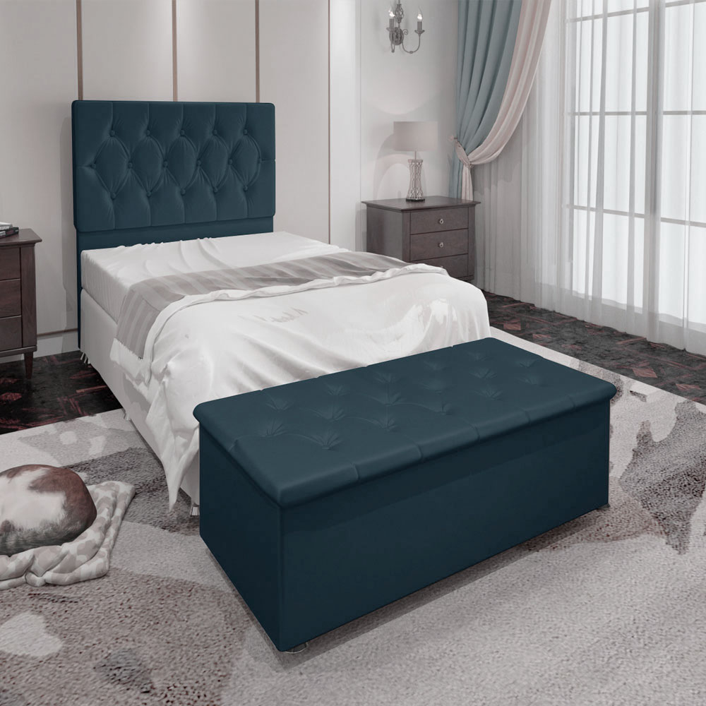 Kit Cabeceira e Calçadeira Baú Solteiro 0,90m Madrid Suede Azul Marinho - Pallazio