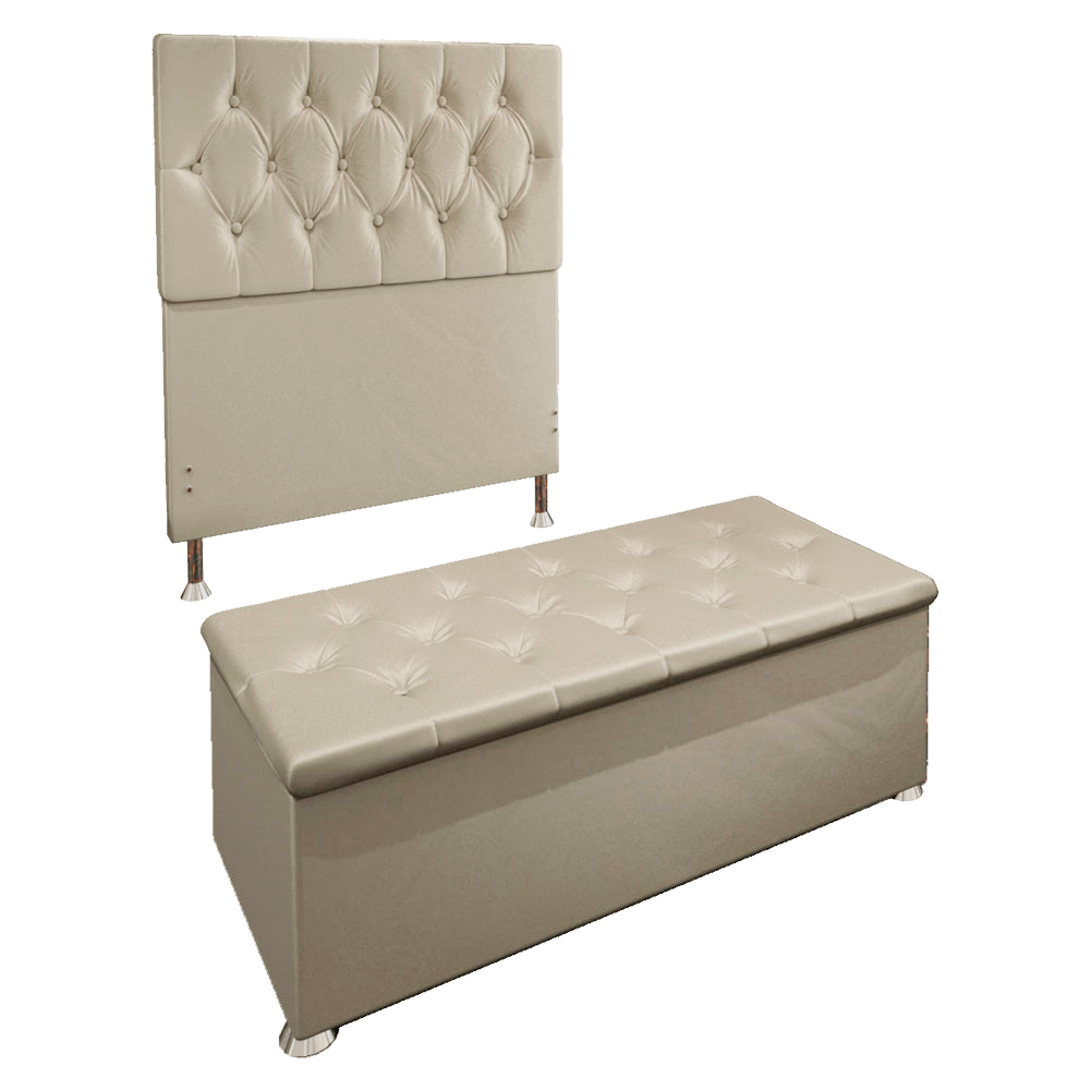 Kit Cabeceira e Calçadeira Baú Solteiro 0,90m Madrid Suede Bege - Pallazio
