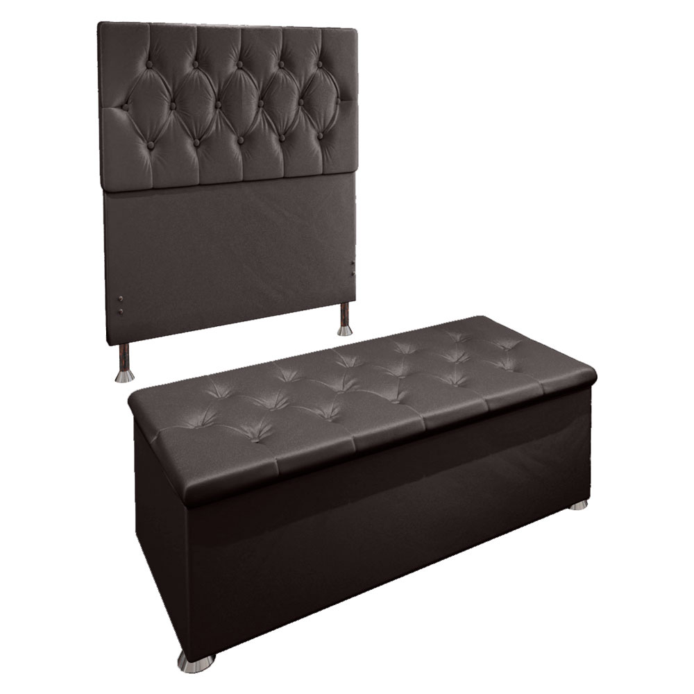 Kit Cabeceira e Calçadeira Baú Solteiro 0,90m Madrid Suede Marrom - Pallazio