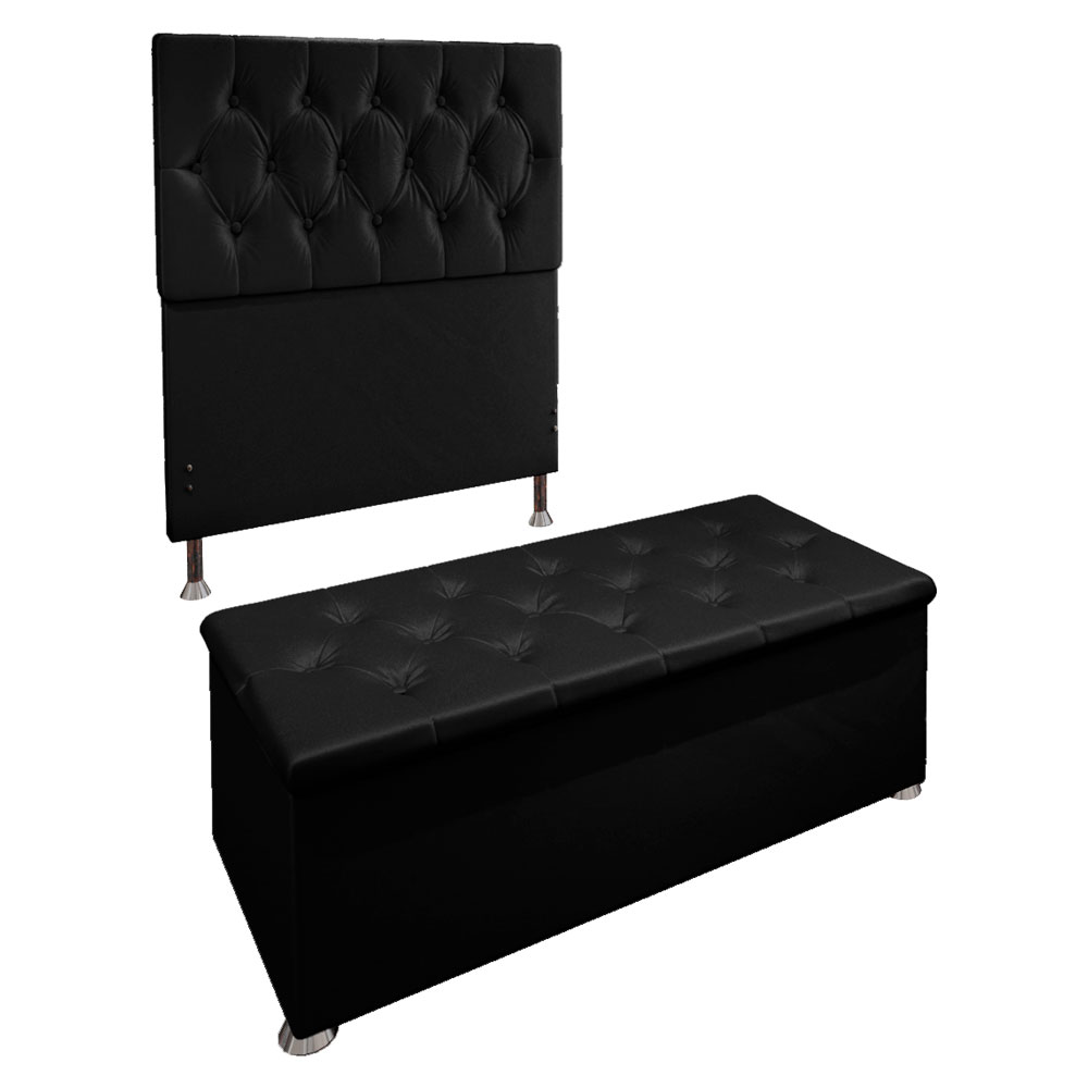 Kit Cabeceira e Calçadeira Baú Solteiro 0,90m Madrid Suede Preto - Pallazio