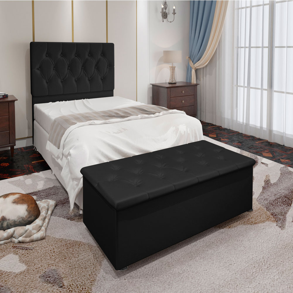 Kit Cabeceira e Calçadeira Baú Solteiro 0,90m Madrid Suede Preto - Pallazio