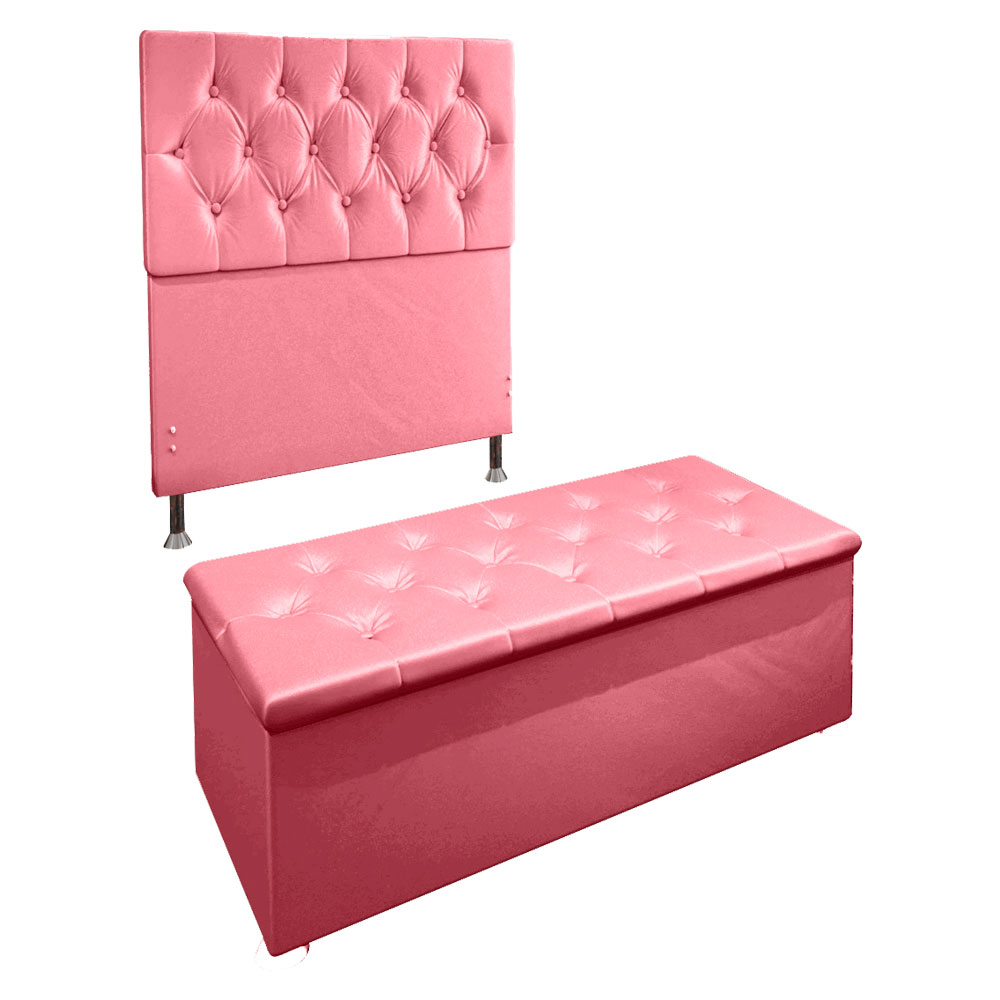 Kit Cabeceira e Calçadeira Baú Solteiro 0,90m Madrid Suede Rosa - Pallazio