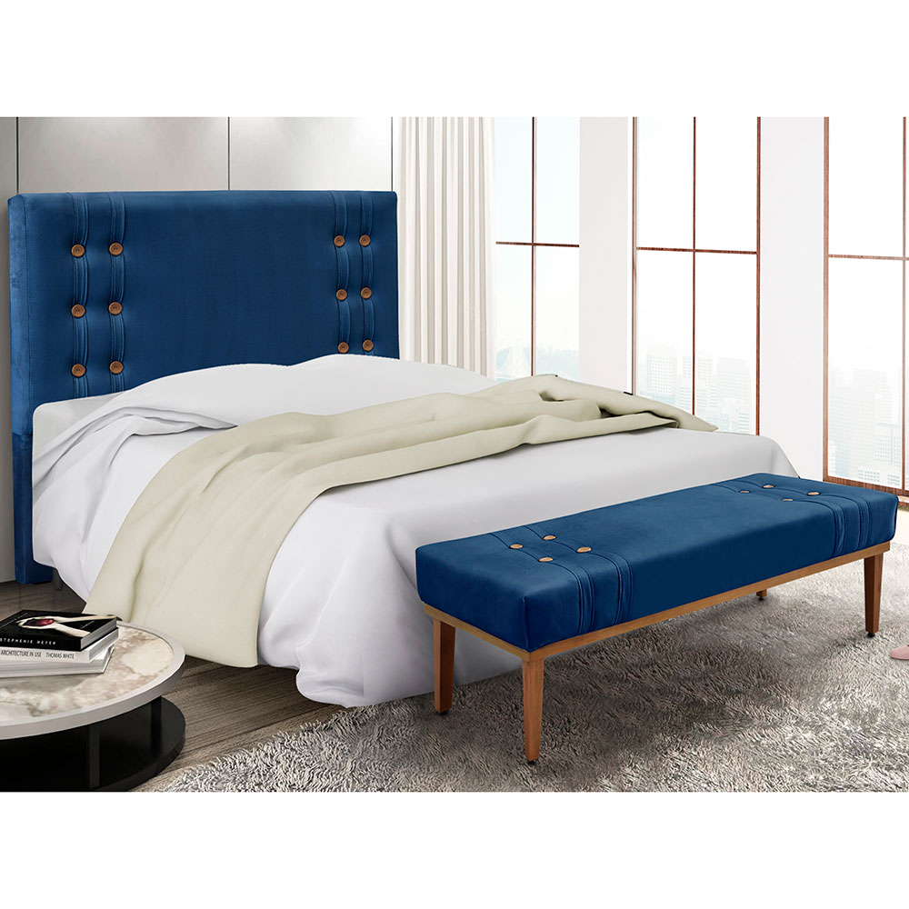 Kit Cabeceira e Calçadeira Recamier Casal 1,40m Gênova Suede Azul Marinho - Pallazio