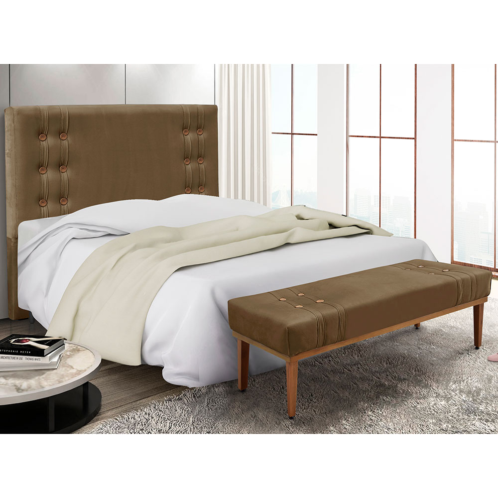 Kit Cabeceira e Calçadeira Recamier Casal 1,40m Gênova Suede Caramelo - Pallazio