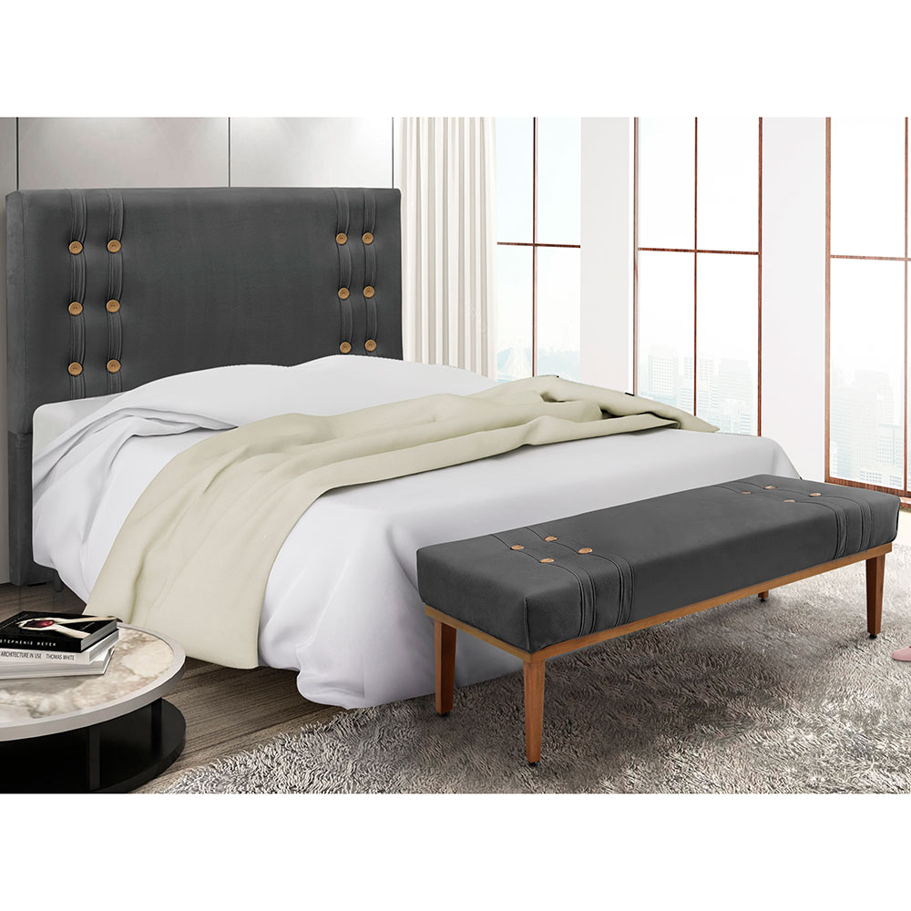 Kit Cabeceira e Calçadeira Recamier Casal 1,40m Gênova Suede Cinza - Pallazio