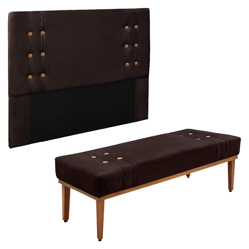 Kit Cabeceira e Calçadeira Recamier Casal 1,40m Gênova Suede Marrom Café - Pallazio