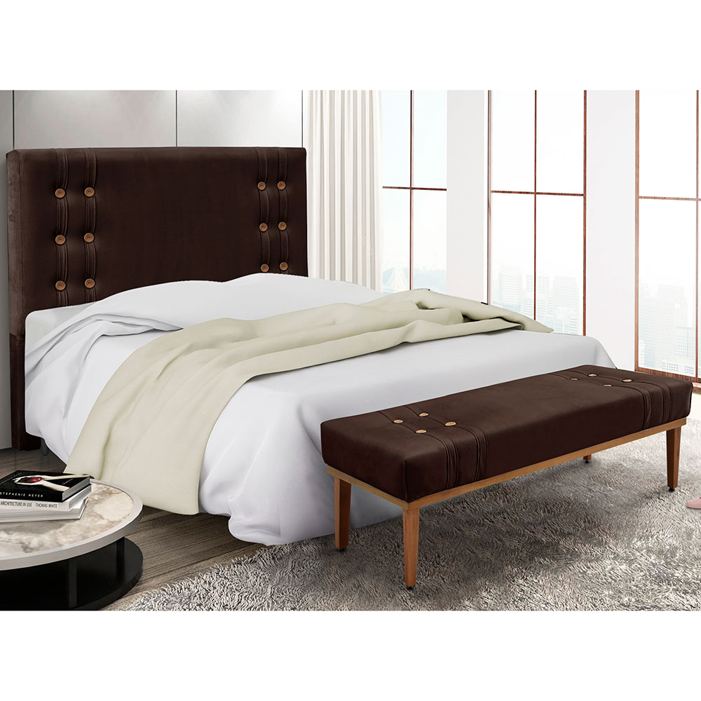 Kit Cabeceira e Calçadeira Recamier Casal 1,40m Gênova Suede Marrom Café - Pallazio