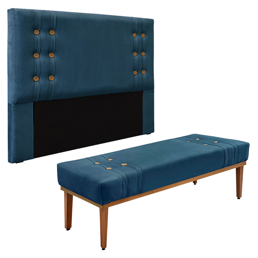 Kit Cabeceira e Calçadeira Recamier Casal 1,40m Gênova Veludo Azul Marinho - Pallazio