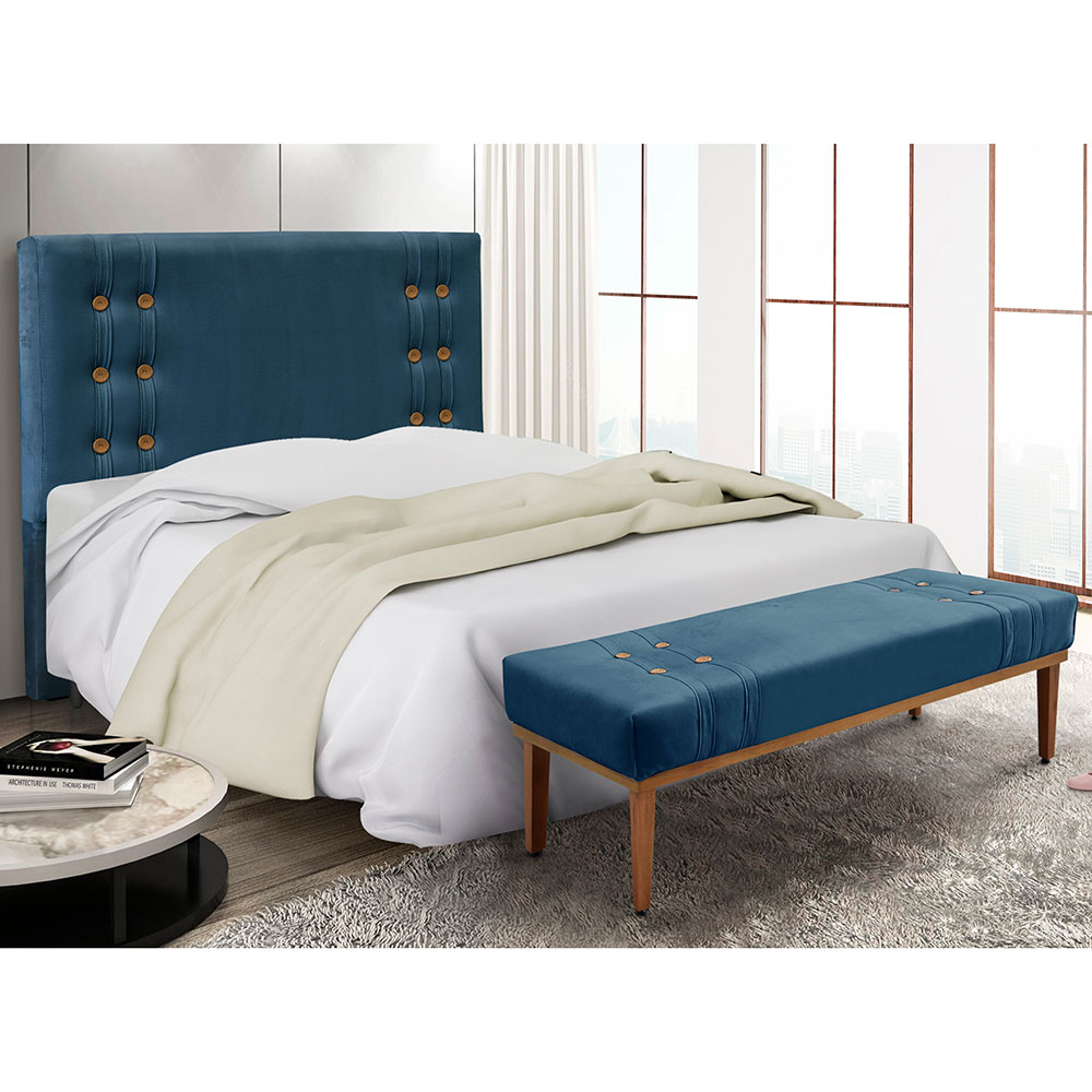 Kit Cabeceira e Calçadeira Recamier Casal 1,40m Gênova Veludo Azul Marinho - Pallazio