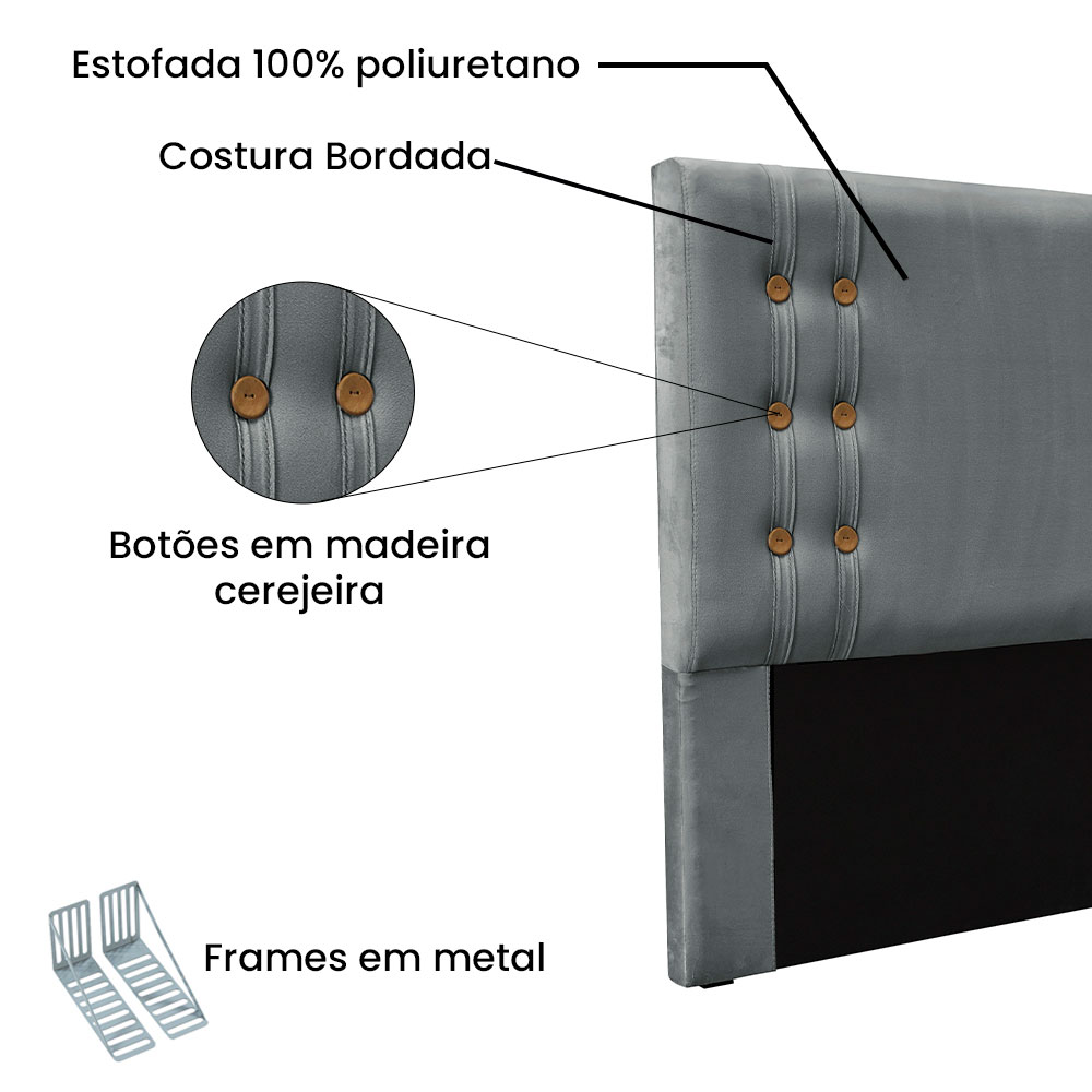 Kit Cabeceira e Calçadeira Recamier Casal 1,40m Gênova Veludo Cinza Grafite - Pallazio