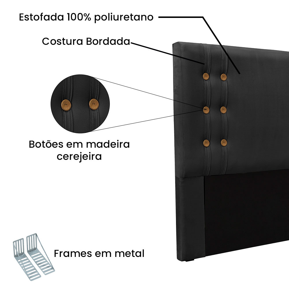 Kit Cabeceira e Calçadeira Recamier Casal 1,40m Gênova Veludo Preto - Pallazio