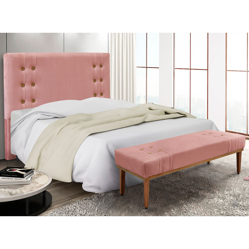Kit Cabeceira e Calçadeira Recamier Casal 1,40m Gênova Veludo Rosa - Pallazio