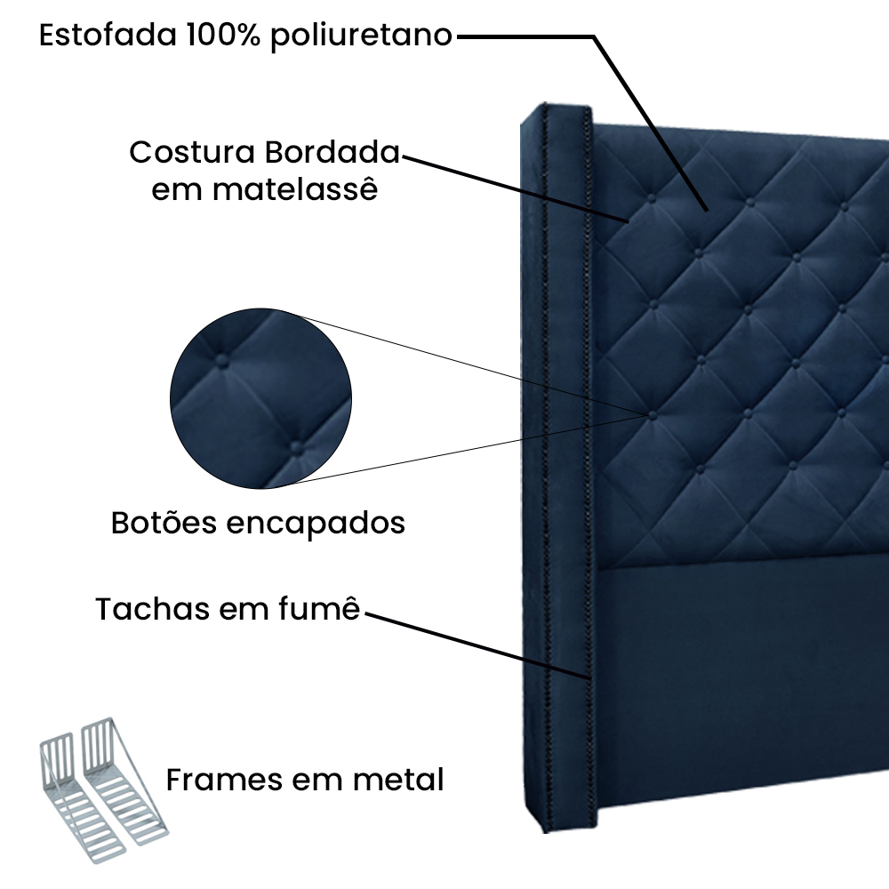 Kit Cabeceira e Calçadeira Recamier Casal 1,40m Vicenza Suede Azul Marinho - Pallazio