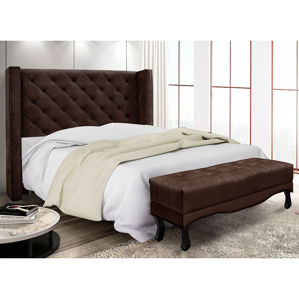Kit Cabeceira e Calçadeira Recamier Casal 1,40m Vicenza Suede Marrom Café - Pallazio