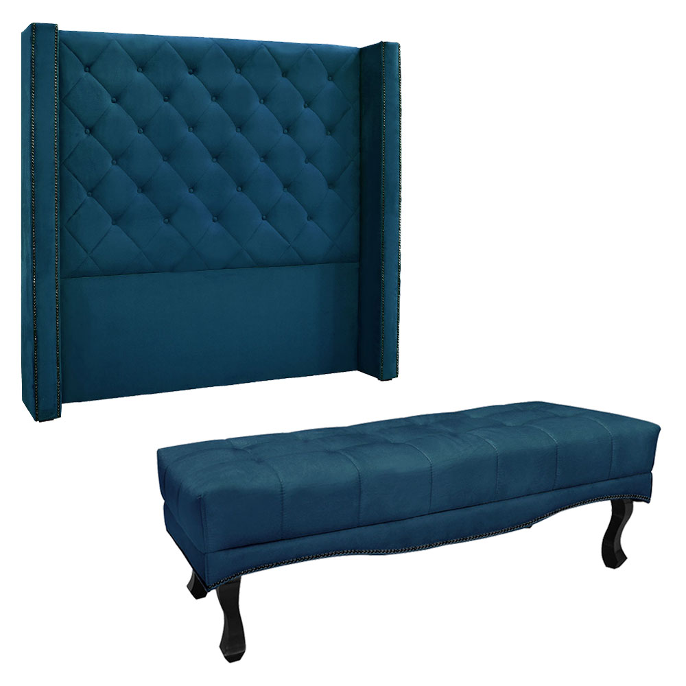 Kit Cabeceira e Calçadeira Recamier Casal 1,40m Vicenza Veludo Azul Marinho - Pallazio